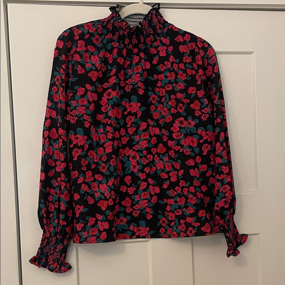 Elegant Black Floral Blouse with Smocked Details
